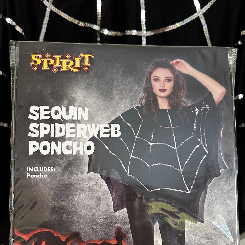 Spirit Halloween Elegant Black and Silver Sequin Spider Web Poncho - Picture 2 of 6